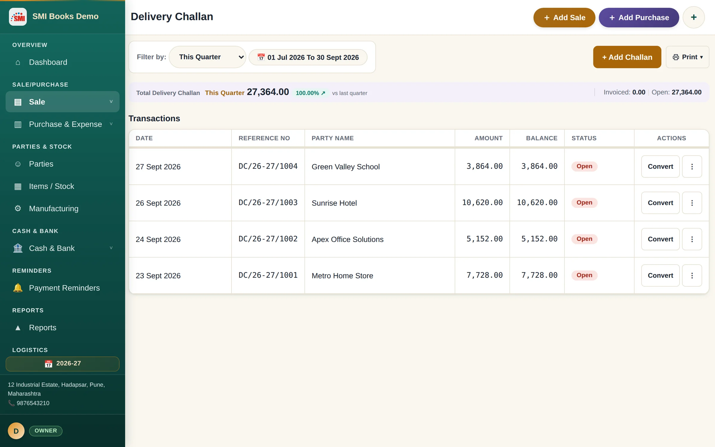 Delivery challans with open status and convert button