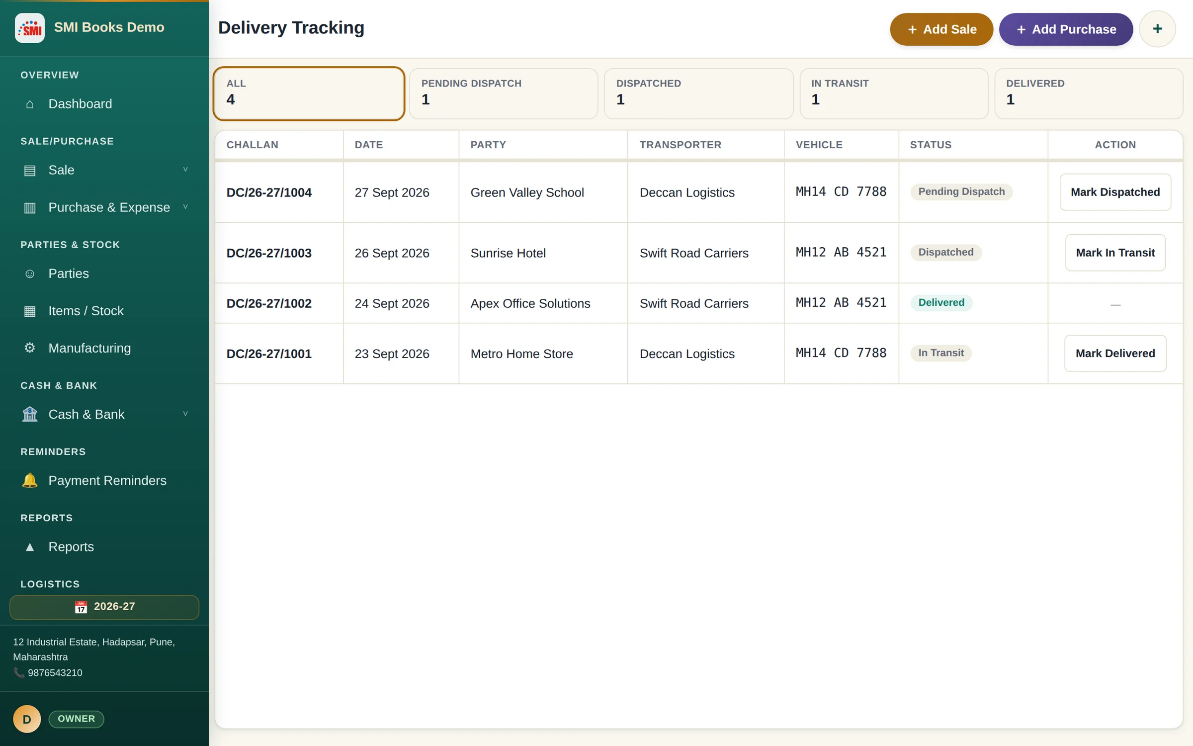 Delivery tracking of challans with transporter, vehicle and status