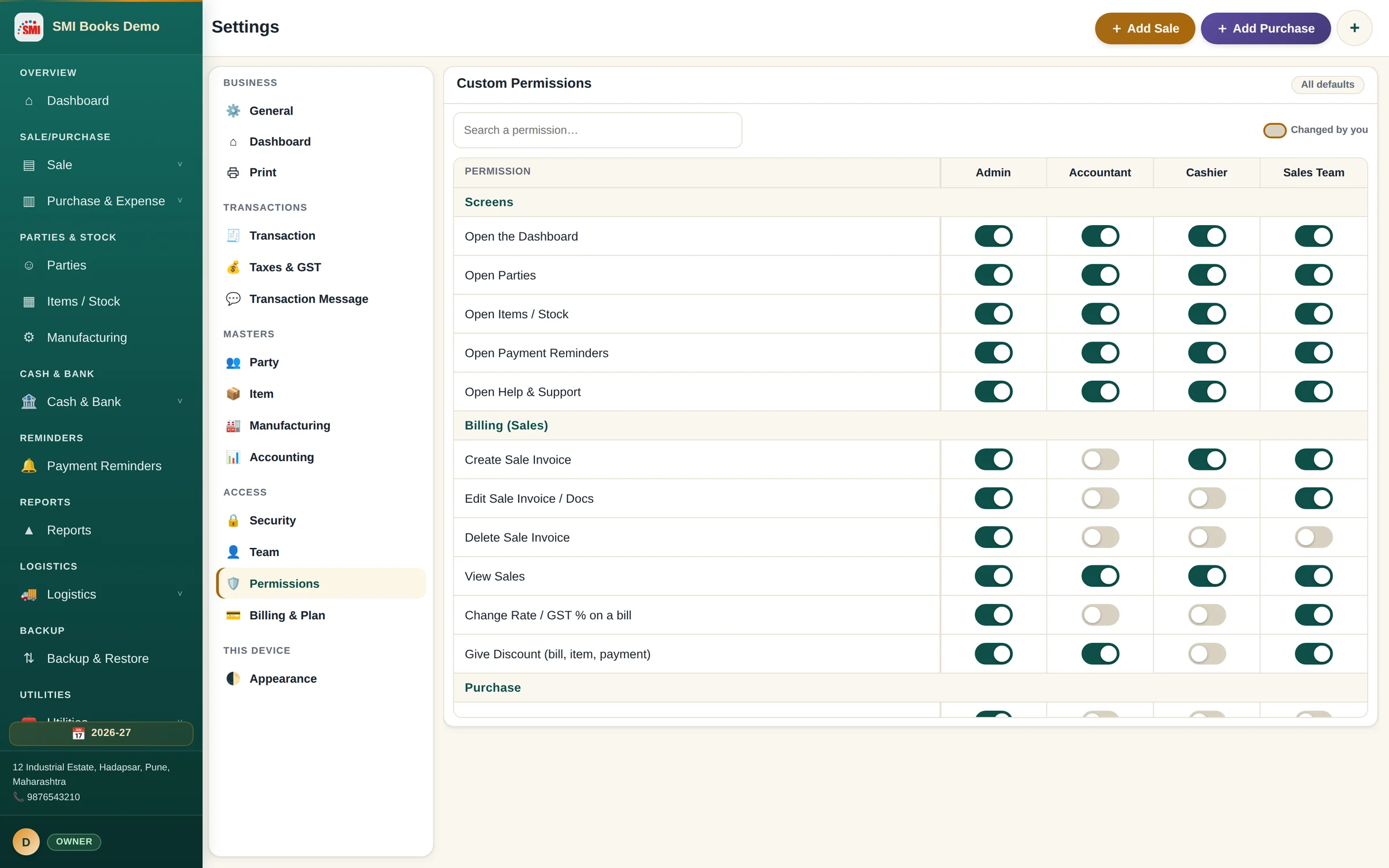 SMI Books permissions screen with a switch for every right, per role