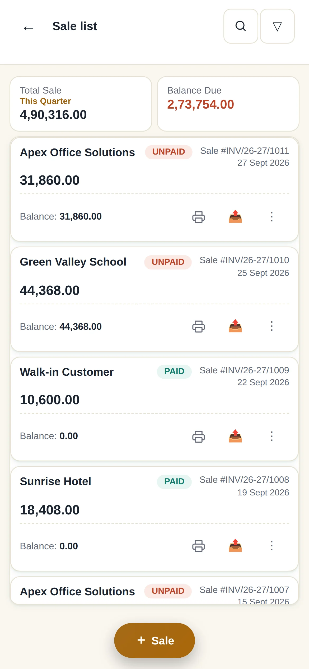 Sales list on a phone