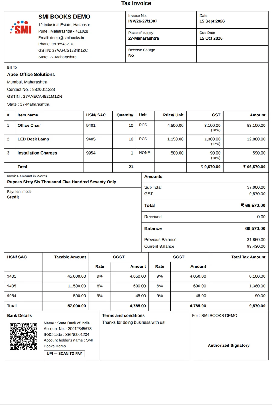 Grid invoice template printed from SMI Books