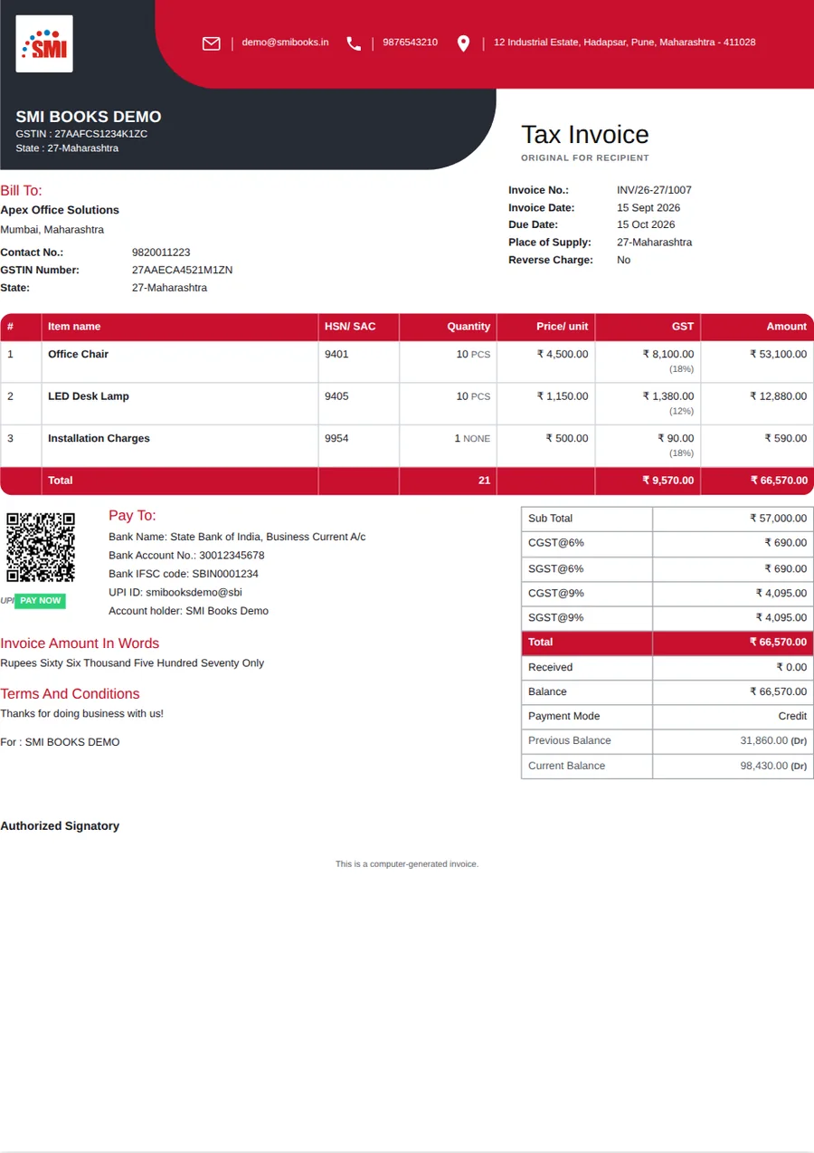 Modern invoice template printed from SMI Books