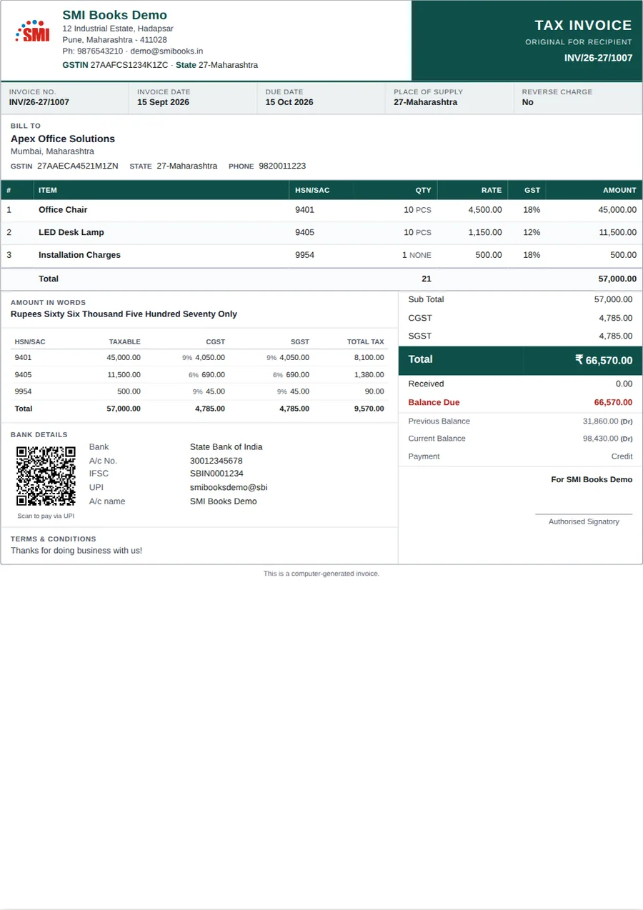 Professional invoice template printed from SMI Books