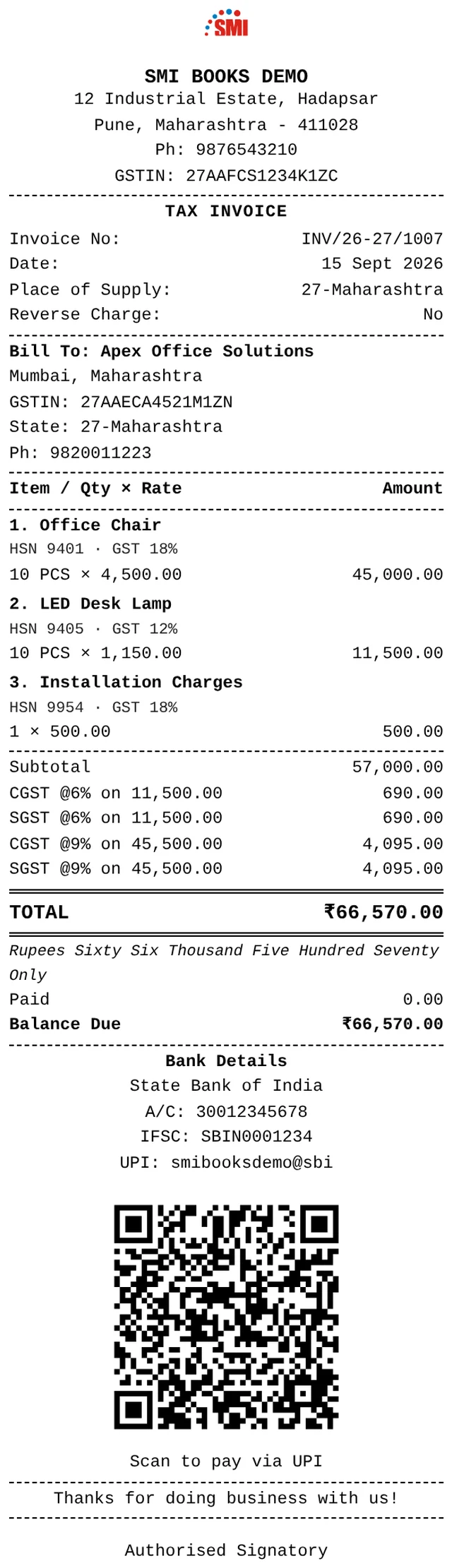 Thermal 80 mm invoice template printed from SMI Books